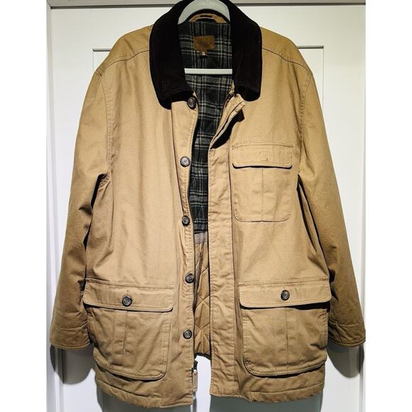 ST JOHNS BAY Men's XL Canvas Tan Flannel Lined Barn Chore Coat Leather Collar - Picture 2 of 15